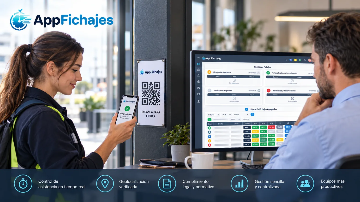 Ejemplo promocional con una empleada fichando por QR y un responsable consultando un panel de horarios