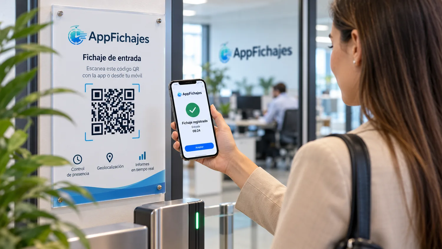 Imagen promocional de una persona utilizando un teléfono para fichar con código QR