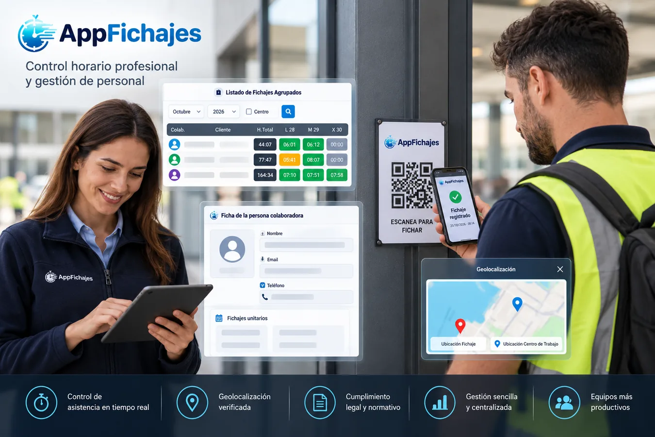 Escena promocional de consulta de fichajes en el trabajo con dispositivos móviles