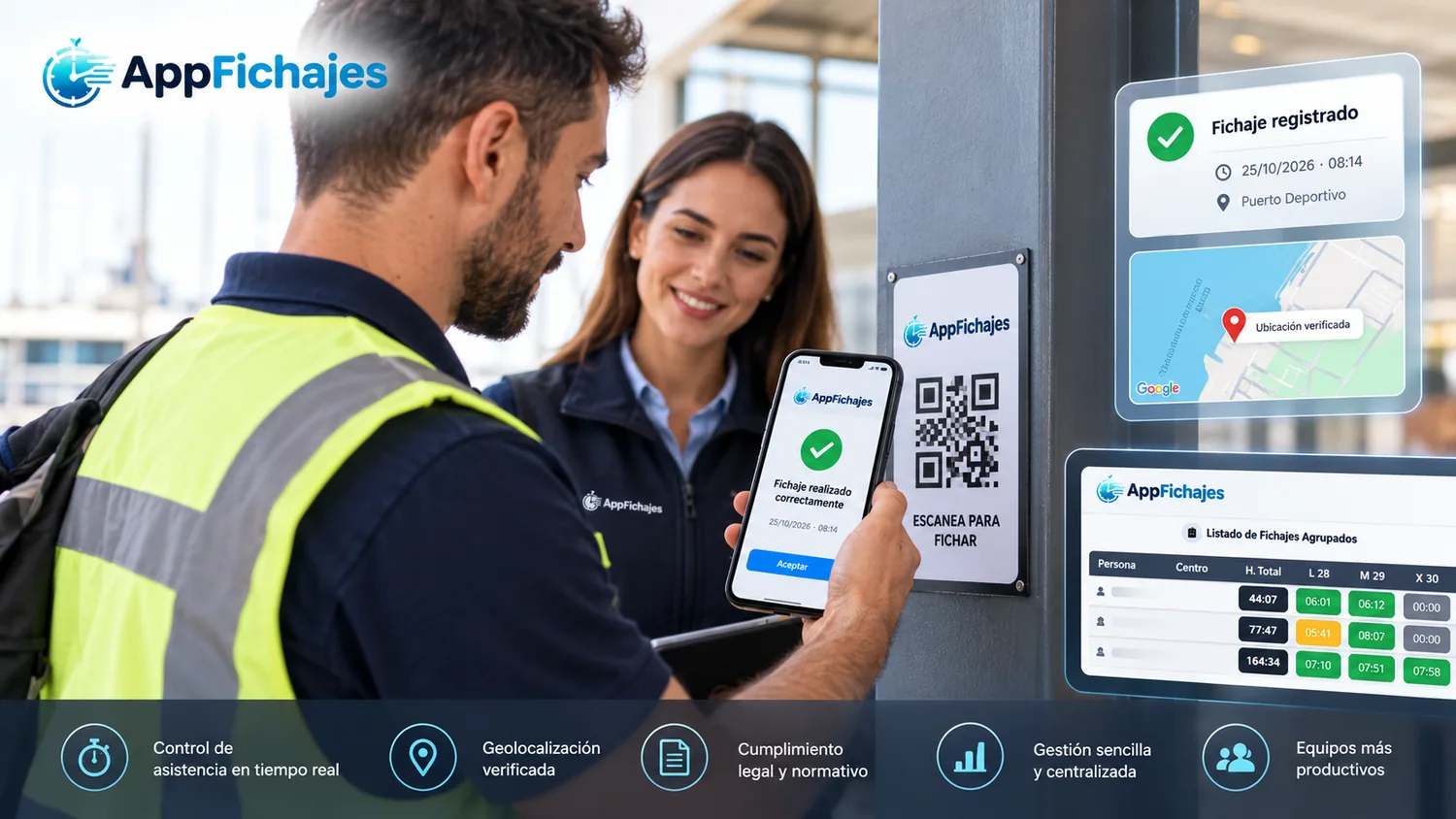 Trabajador escaneando un QR con un móvil en una escena ilustrativa