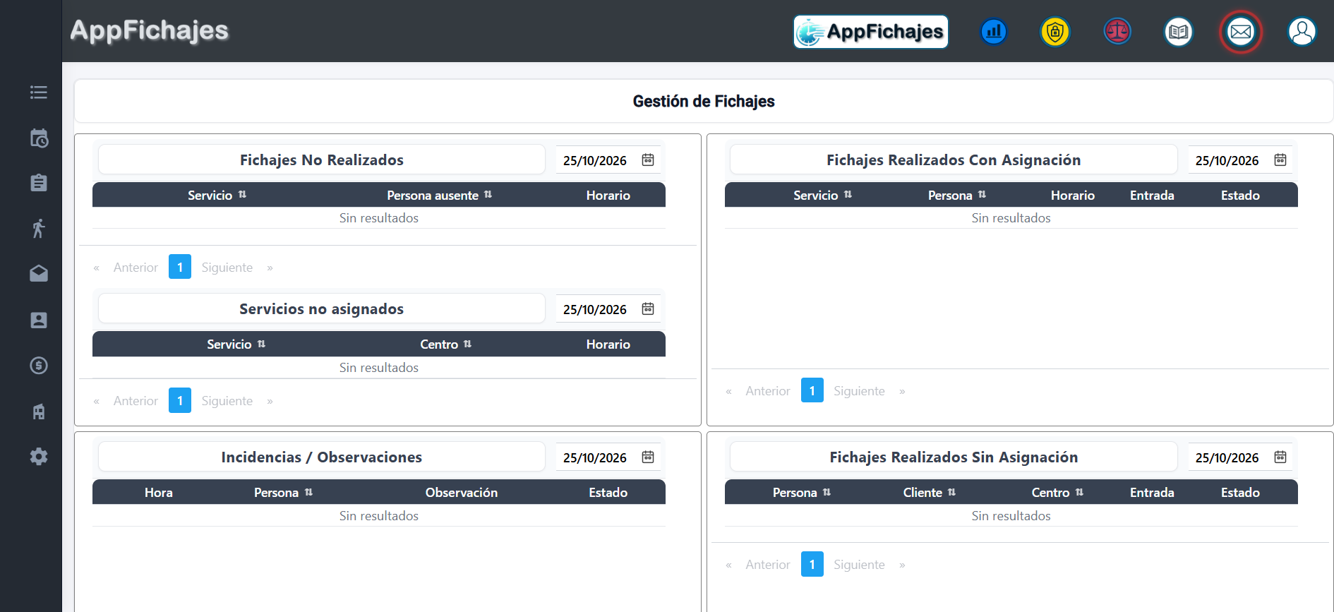 Captura real del panel de gestión de AppFichajes